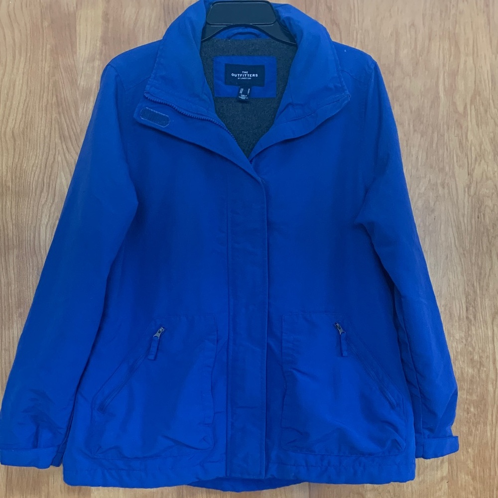 Land’s End Outfitters Performance Rain Shell Blue Sz M stowable hood & sit-flap